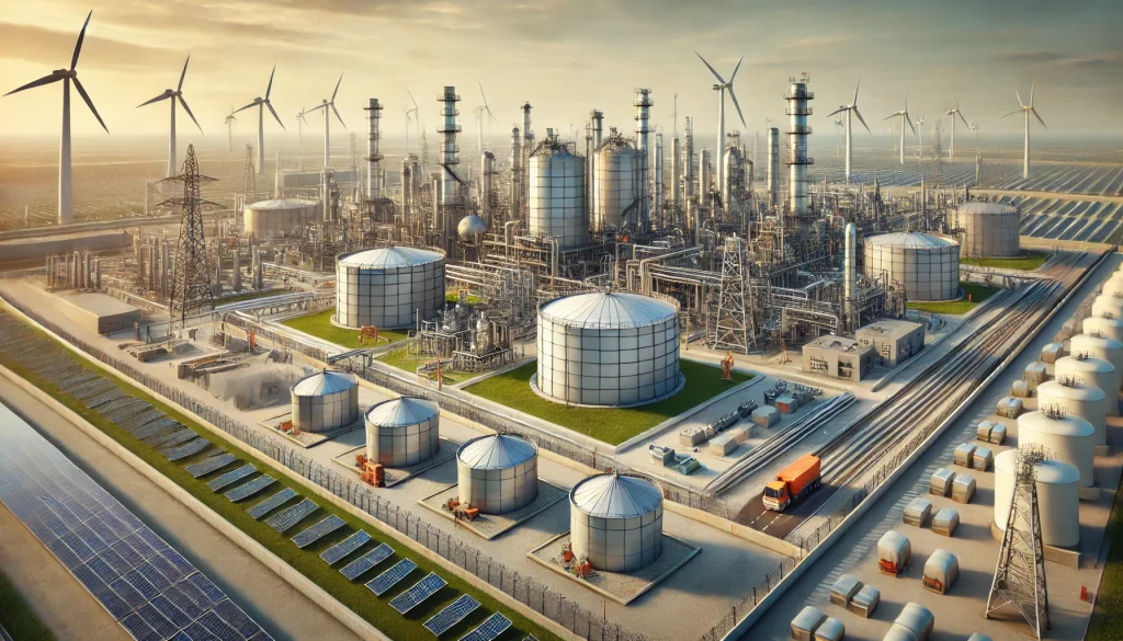 Site industriel Seveso à haut risque en Europe avec technologies avancées de surveillance et infrastructures de sécurité. Intégration des énergies renouvelables, éoliennes et panneaux solaires pour une transition énergétique durable.